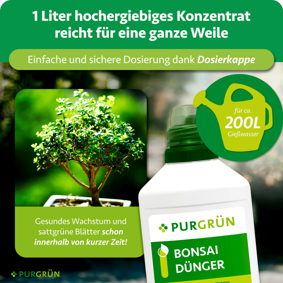1 Liter Konzentrat reicht für ca. 200 Liter Gießwasser und lässt sich mit der Dosierkappe einfach und sicher dosieren. Beworben werden gesundes Wachstum und sattgrüne Blätter innerhalb kurzer Zeit.