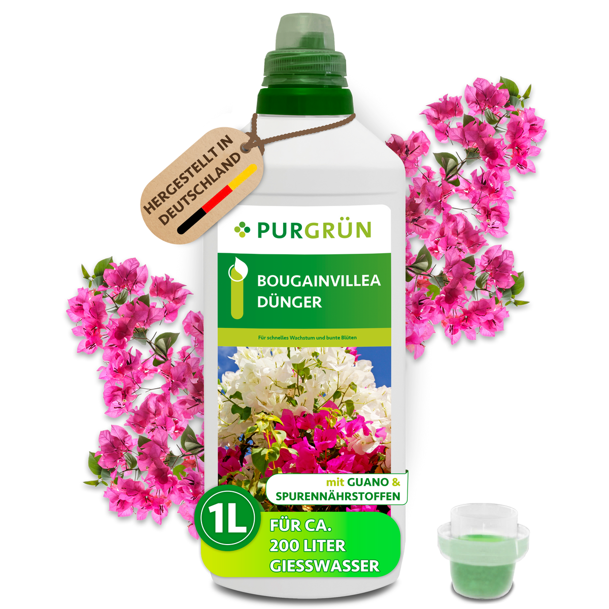 Purgrün Bougainvillea-Dünger in der 1-Liter-Flasche mit Dosierkappe, pinken Bougainvillea-Blüten und Dosierbecher; für ca. 200 Liter Gießwasser.
