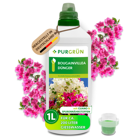Purgrün Bougainvillea-Dünger in der 1-Liter-Flasche mit Dosierkappe, pinken Bougainvillea-Blüten und Dosierbecher; für ca. 200 Liter Gießwasser.