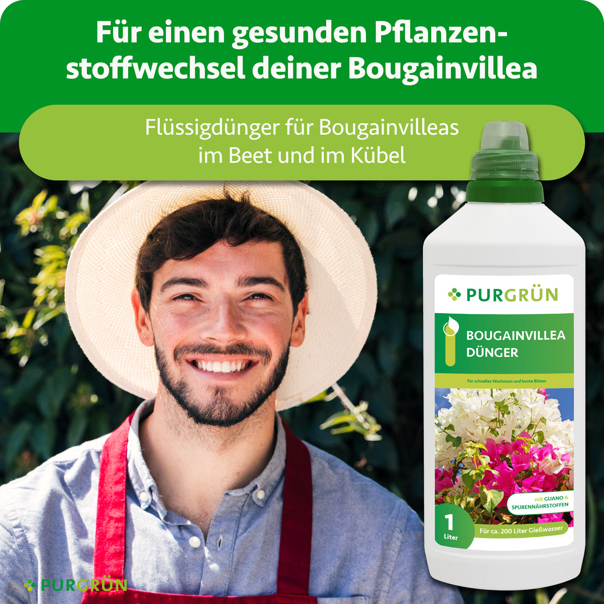 Lächelnder Gärtner neben einer Flasche Purgrün Bougainvillea-Dünger. Der Flüssigdünger für Beet und Kübel unterstützt einen gesunden Pflanzenstoffwechsel.