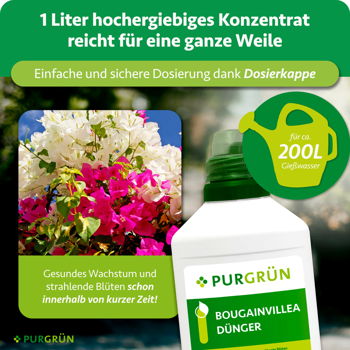 Das 1-Liter-Konzentrat mit Dosierkappe reicht für ca. 200 Liter Gießwasser und ermöglicht eine einfache, sichere Dosierung.