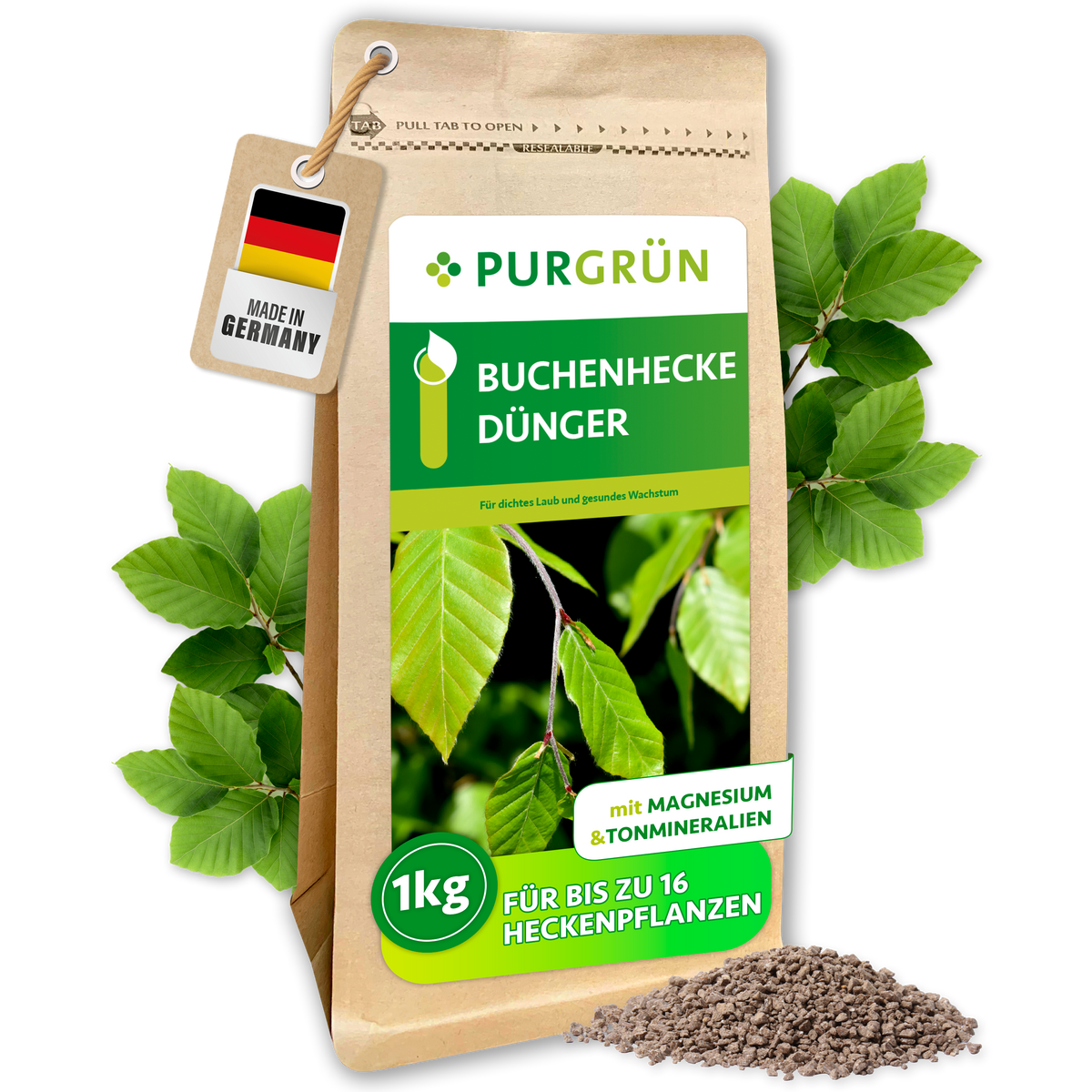 Purgrün Buchenhecke-Dünger im 1-kg-Beutel mit Buchenblättern und feinem Granulat, ausreichend für bis zu 16 Heckenpflanzen.