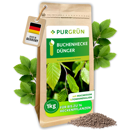 Purgrün Buchenhecke-Dünger im 1-kg-Beutel mit Buchenblättern und feinem Granulat, ausreichend für bis zu 16 Heckenpflanzen.