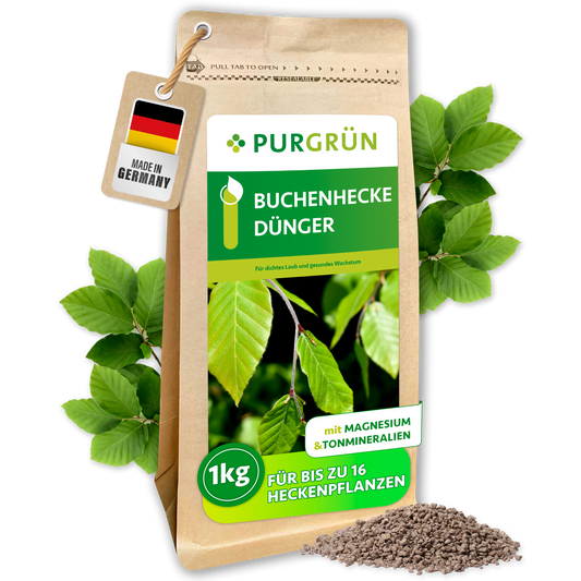 Purgrün Buchenhecke-Dünger im 1-kg-Beutel mit Buchenblättern und feinem Granulat, ausreichend für bis zu 16 Heckenpflanzen.