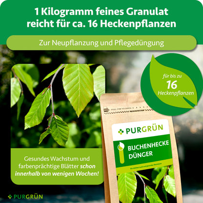 1 kg feines Granulat reicht für ca. 16 Heckenpflanzen und dient zur Neupflanzung und Pflegedüngung.