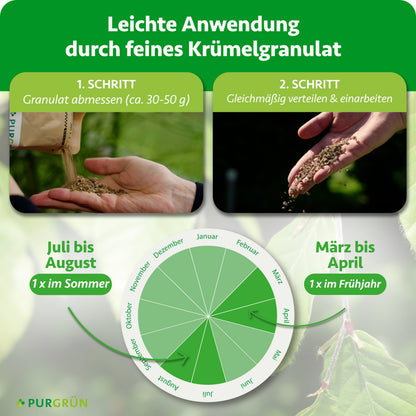 Ca. 30–50 g Granulat abmessen, gleichmäßig verteilen und einarbeiten. Einmal von März bis April und einmal von Juli bis August düngen.