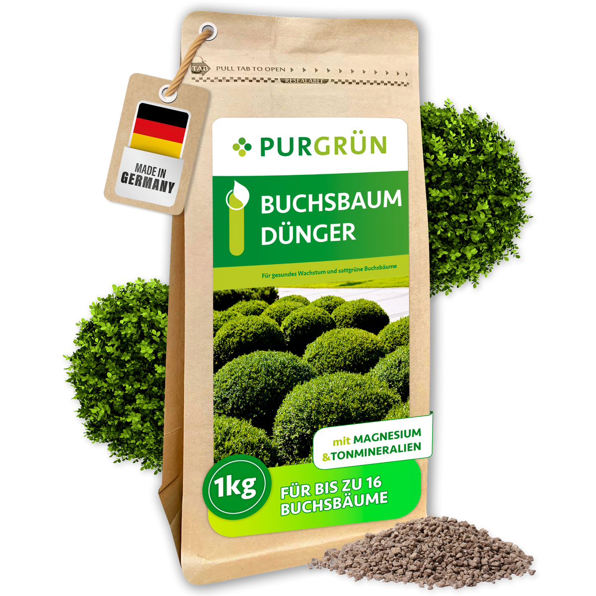 Purgrün Buchsbaumdünger im 1-kg-Standbeutel mit feinem Granulat und Buchsbaumkugeln; laut Verpackung für bis zu 16 Buchsbäume.