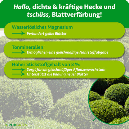 Wasserlösliches Magnesium verhindert gelbe Blätter, Tonmineralien ermöglichen eine gleichmäßige Nährstoffabgabe. 8 % Stickstoff fördern gleichmäßiges Wachstum und die Bildung neuer Blätter.