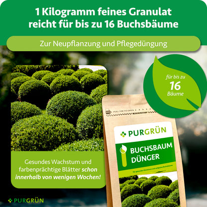 1 kg feines Granulat reicht für bis zu 16 Buchsbäume und ist zur Neupflanzung sowie Pflegedüngung vorgesehen; beworben werden gesundes Wachstum und farbenprächtige Blätter innerhalb weniger Wochen.
