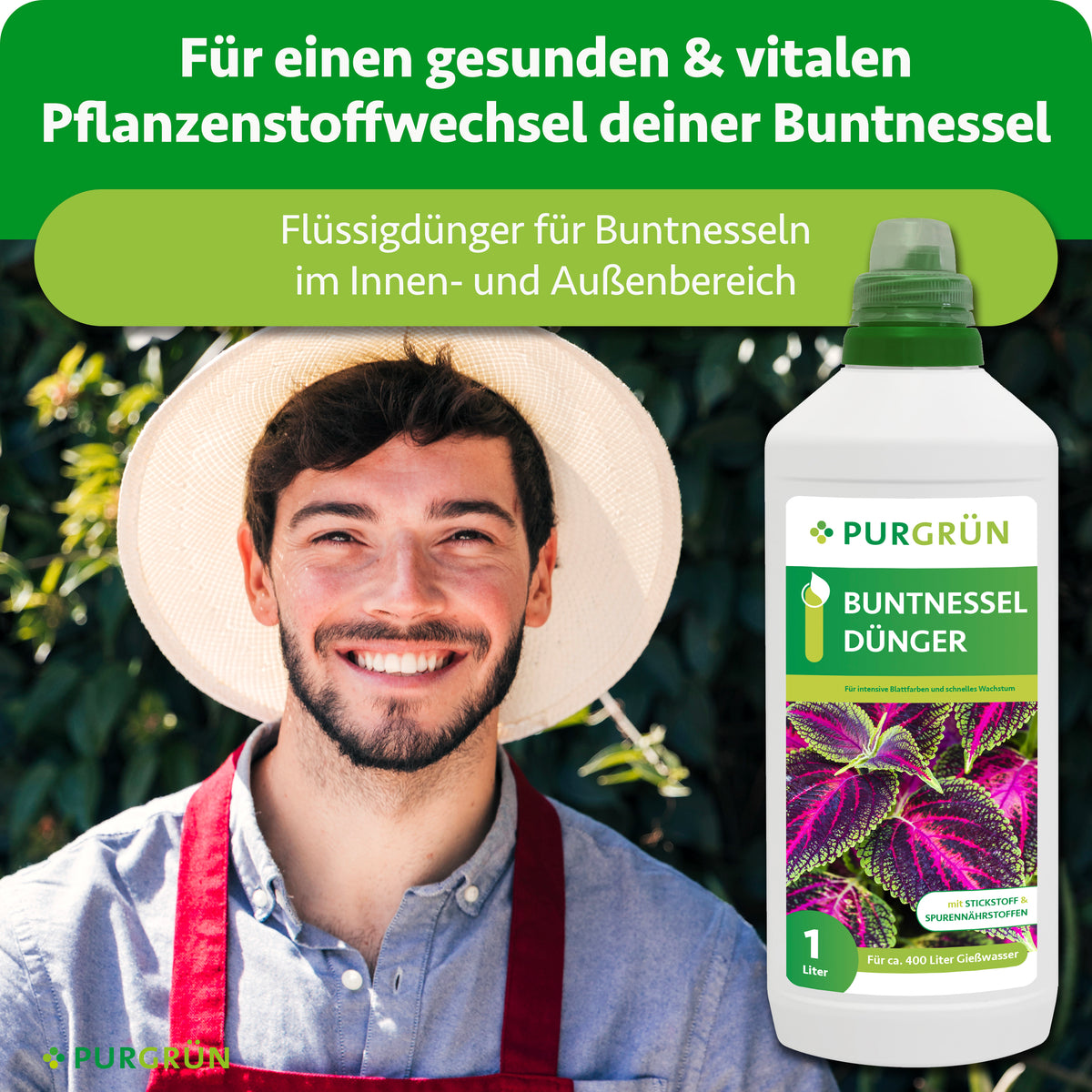 Gärtner neben einer Flasche Buntnessel-Dünger; Flüssigdünger für Buntnesseln im Innen- und Außenbereich.