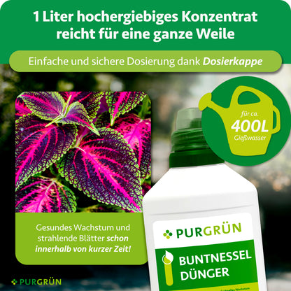 Ein Liter Buntnessel-Dünger-Konzentrat mit Dosierkappe reicht für ca. 400 Liter Gießwasser.