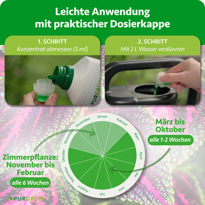 Anwendung: 5 ml Konzentrat mit 2 Litern Wasser verdünnen; von März bis Oktober alle 1–2 Wochen, bei Zimmerpflanzen von November bis Februar alle 6 Wochen anwenden.