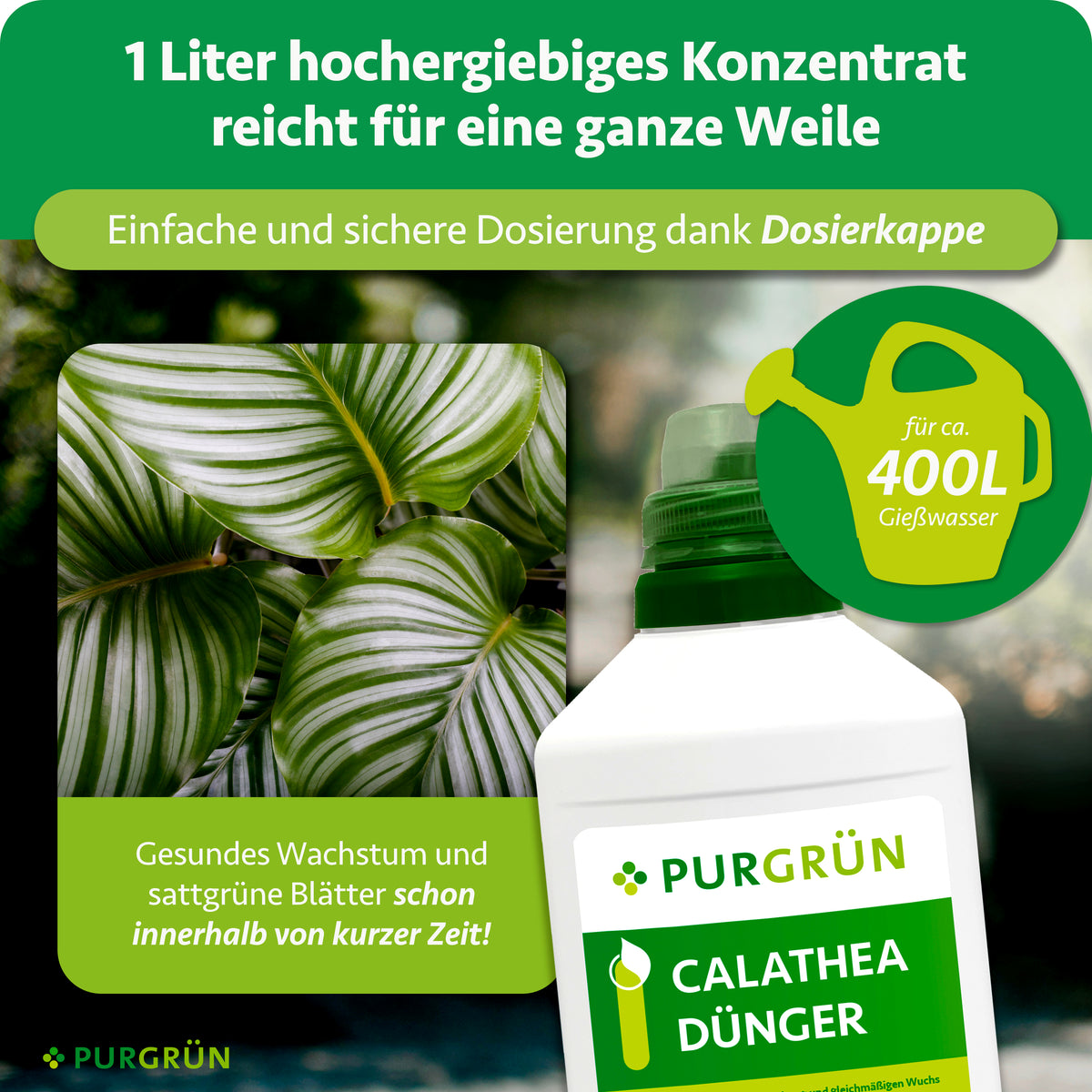 Ein Liter Konzentrat reicht für ca. 400 Liter Gießwasser und lässt sich mit der Dosierkappe einfach und sicher dosieren.