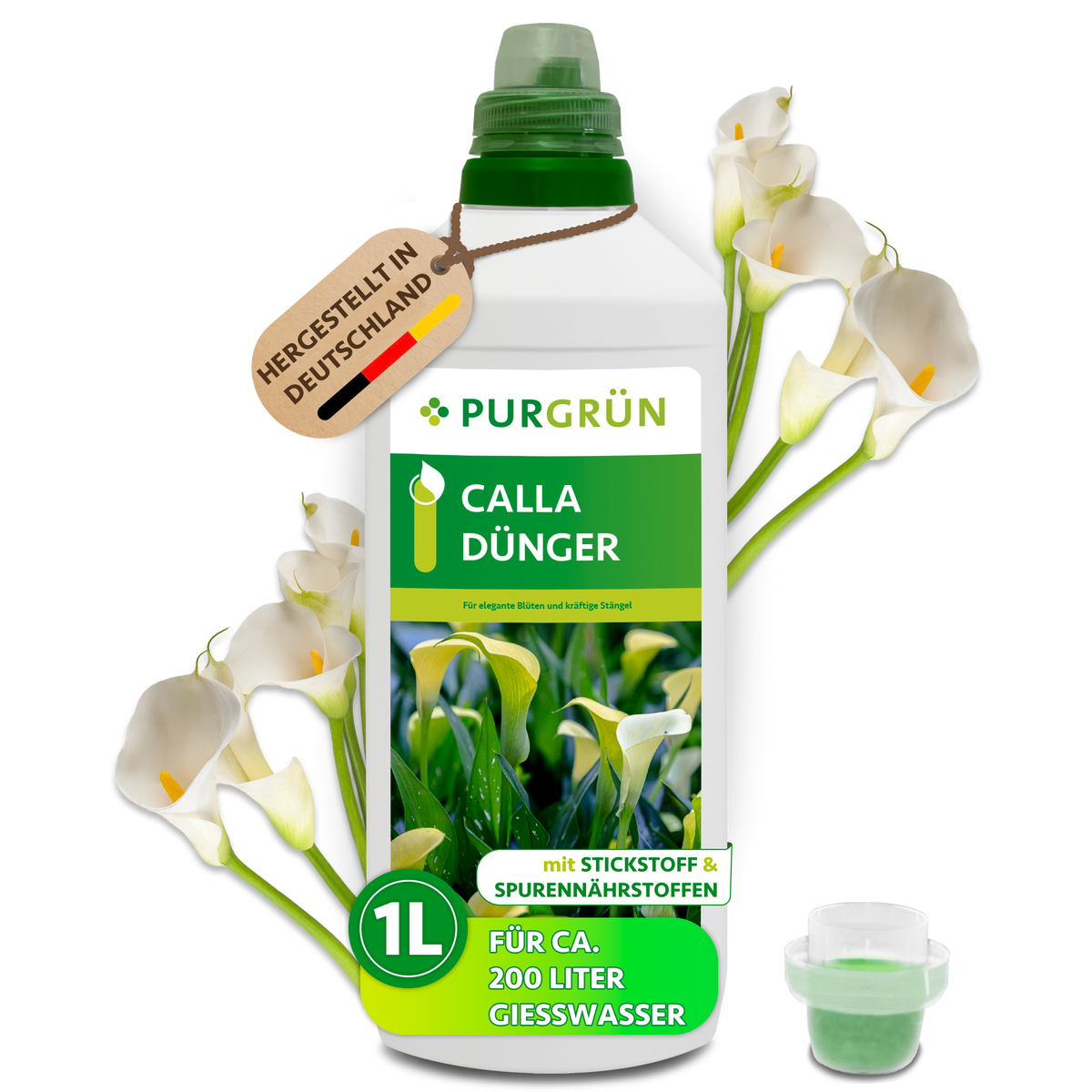Purgrün Calla-Dünger, 1 Liter, mit Dosierkappe und Calla-Blüten; reicht für ca. 200 Liter Gießwasser.