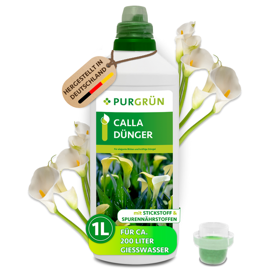 Purgrün Calla-Dünger, 1 Liter, mit Dosierkappe und Calla-Blüten; reicht für ca. 200 Liter Gießwasser.