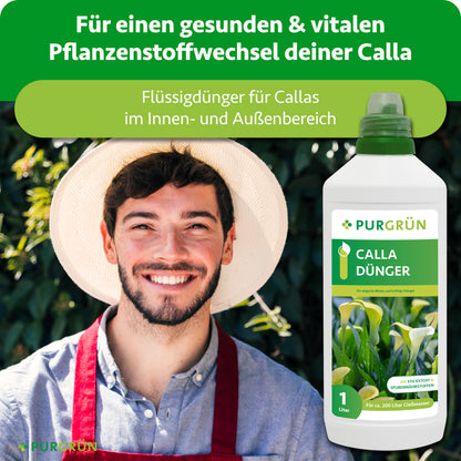 Calla-Flüssigdünger für den Innen- und Außenbereich unterstützt einen gesunden, vitalen Pflanzenstoffwechsel; daneben ein lächelnder Gärtner.