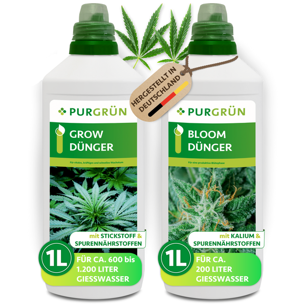 Zwei 1-Liter-Flaschen Purgrün Cannabis-Dünger-Set 2 x 1 Liter für Wachstum (links) und Blüte (rechts), jeweils mit einem Cannabisblatt-Bild, stehen unter einem „Made in Germany“-Schild.