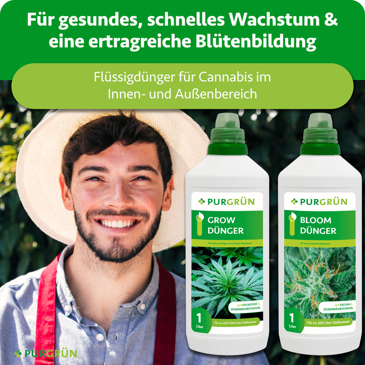 Ein bärtiger Mann mit roter Mütze steht neben dem Purgrün Cannabis-Dünger-Set 2 x 1 Liter, mit Grow-Dünger- und Bloom-Dünger-Flaschen, vor einem grünen Blatthintergrund und deutschem Werbetext.
