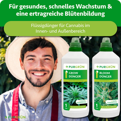 Ein bärtiger Mann mit roter Mütze steht neben dem Purgrün Cannabis-Dünger-Set 2 x 1 Liter, mit Grow-Dünger- und Bloom-Dünger-Flaschen, vor einem grünen Blatthintergrund und deutschem Werbetext.