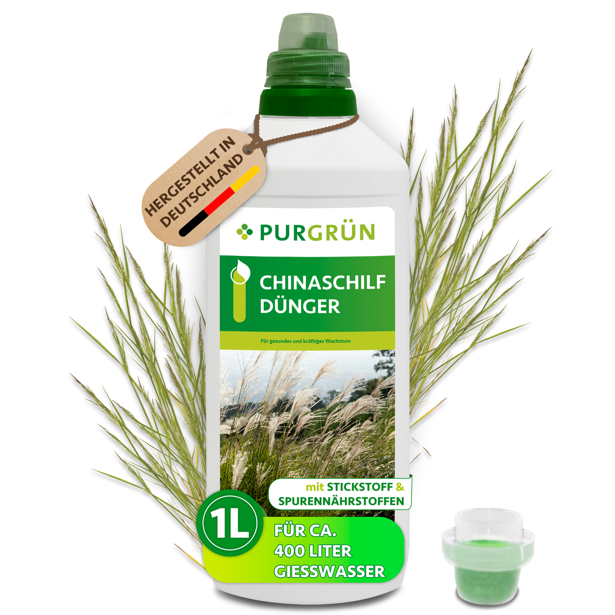 Purgrün Chinaschilf-Dünger in der 1-Liter-Flasche mit Dosierkappe; reicht für ca. 400 Liter Gießwasser und ist in Deutschland hergestellt.