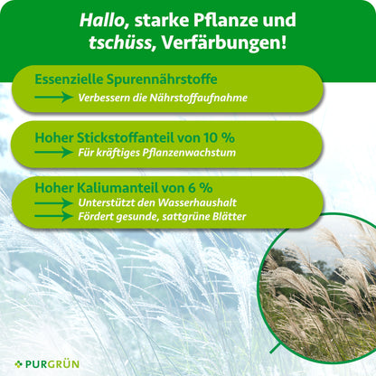 Essenzielle Spurennährstoffe verbessern die Nährstoffaufnahme; 10 % Stickstoff fördern kräftiges Pflanzenwachstum. 6 % Kalium unterstützen den Wasserhaushalt und fördern gesunde, sattgrüne Blätter.