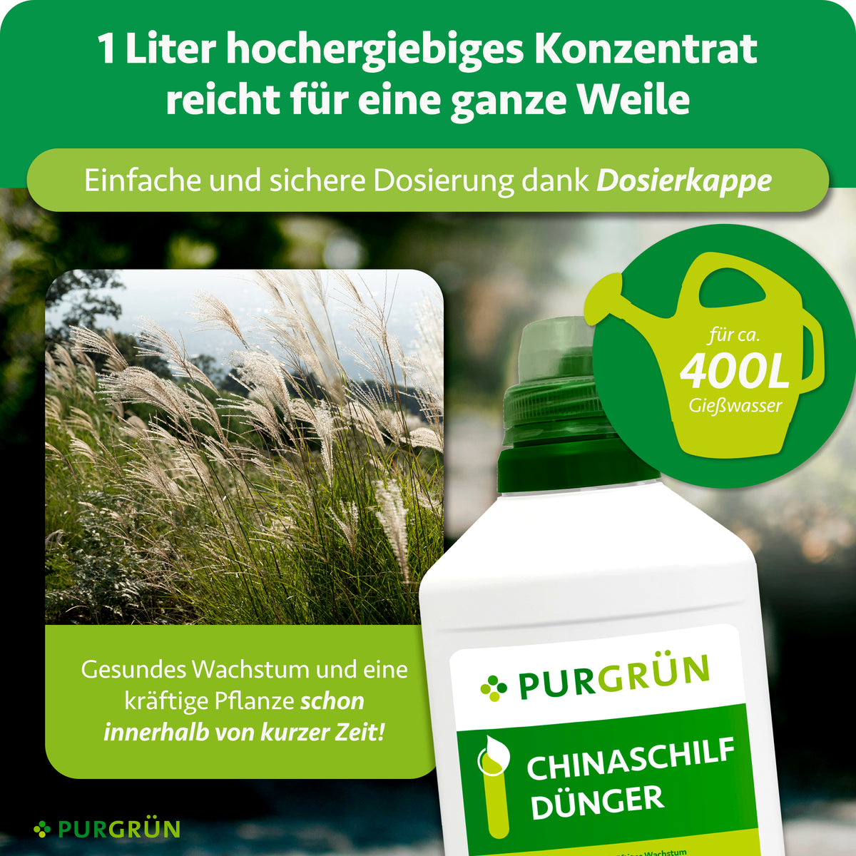 1 Liter hochergiebiges Konzentrat reicht für ca. 400 Liter Gießwasser; die Dosierkappe ermöglicht eine einfache und sichere Dosierung.