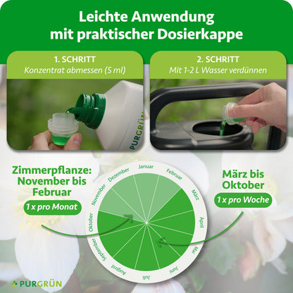 Anwendung: 5 ml Konzentrat abmessen und mit 1–2 Litern Wasser verdünnen. Zimmerpflanzen von November bis Februar einmal monatlich, von März bis Oktober einmal wöchentlich düngen.