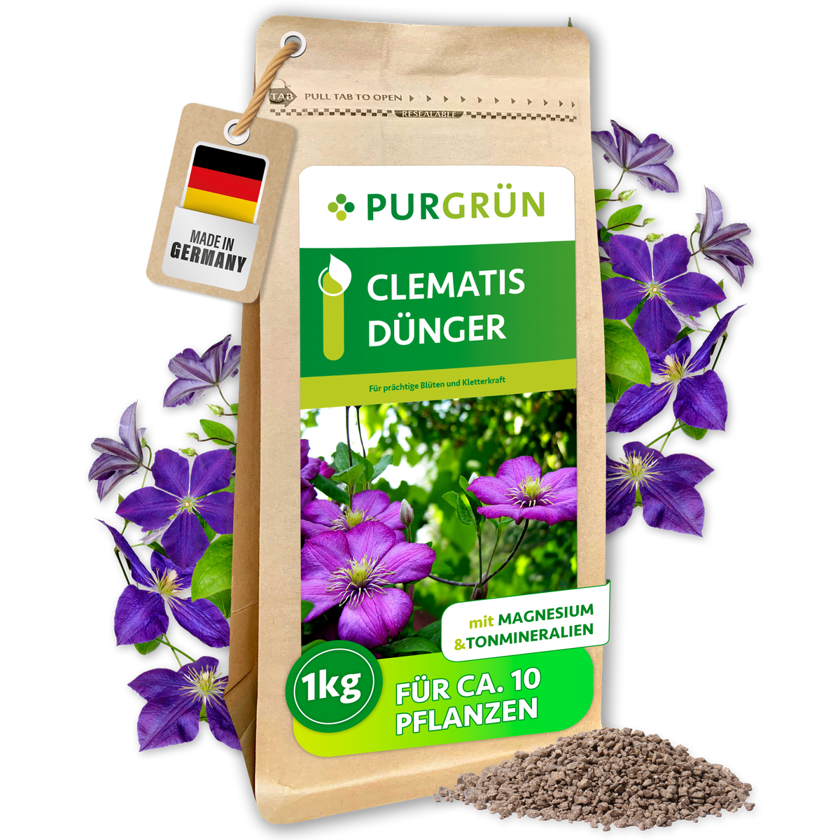 Purgrün Clematis-Dünger im 1-kg-Beutel mit feinem Granulat, für ca. 10 Pflanzen und mit Magnesium sowie Tonmineralien.