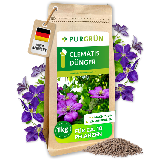 Purgrün Clematis-Dünger im 1-kg-Beutel mit feinem Granulat, für ca. 10 Pflanzen und mit Magnesium sowie Tonmineralien.