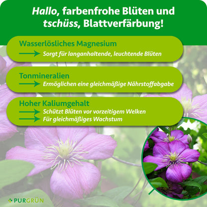 Wasserlösliches Magnesium sorgt für langanhaltende, leuchtende Blüten, Tonmineralien ermöglichen eine gleichmäßige Nährstoffabgabe. Hoher Kaliumgehalt schützt Blüten vor vorzeitigem Welken und unterstützt gleichmäßiges Wachstum.