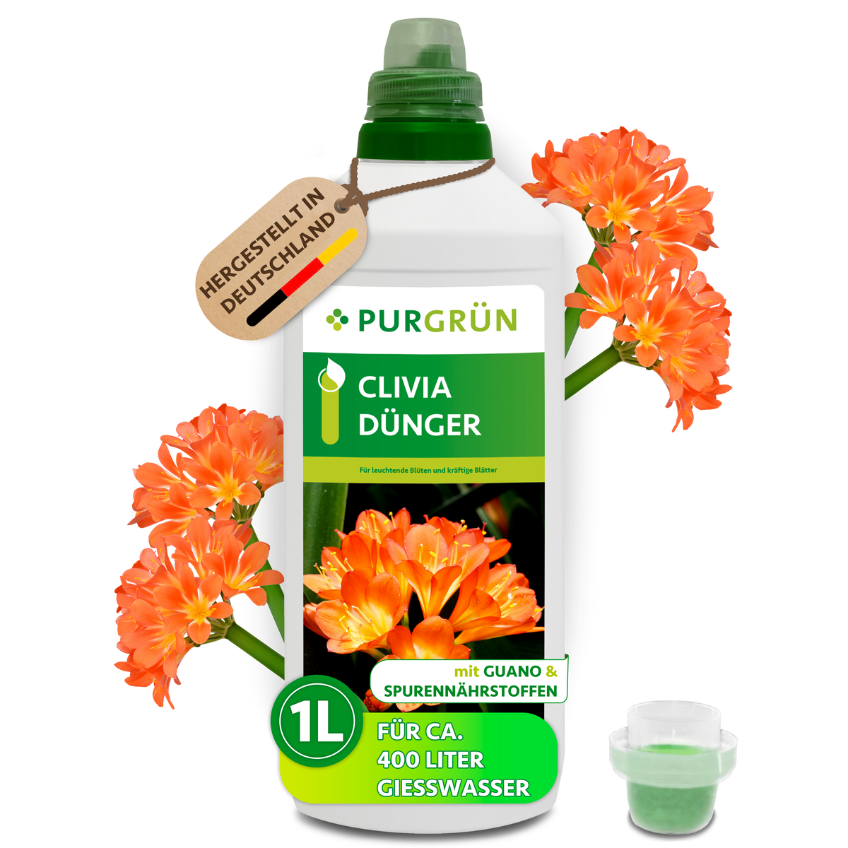Purgrün Clivia-Dünger, 1 Liter, mit Dosierkappe und orangefarbenen Clivienblüten; ausreichend für ca. 400 Liter Gießwasser.