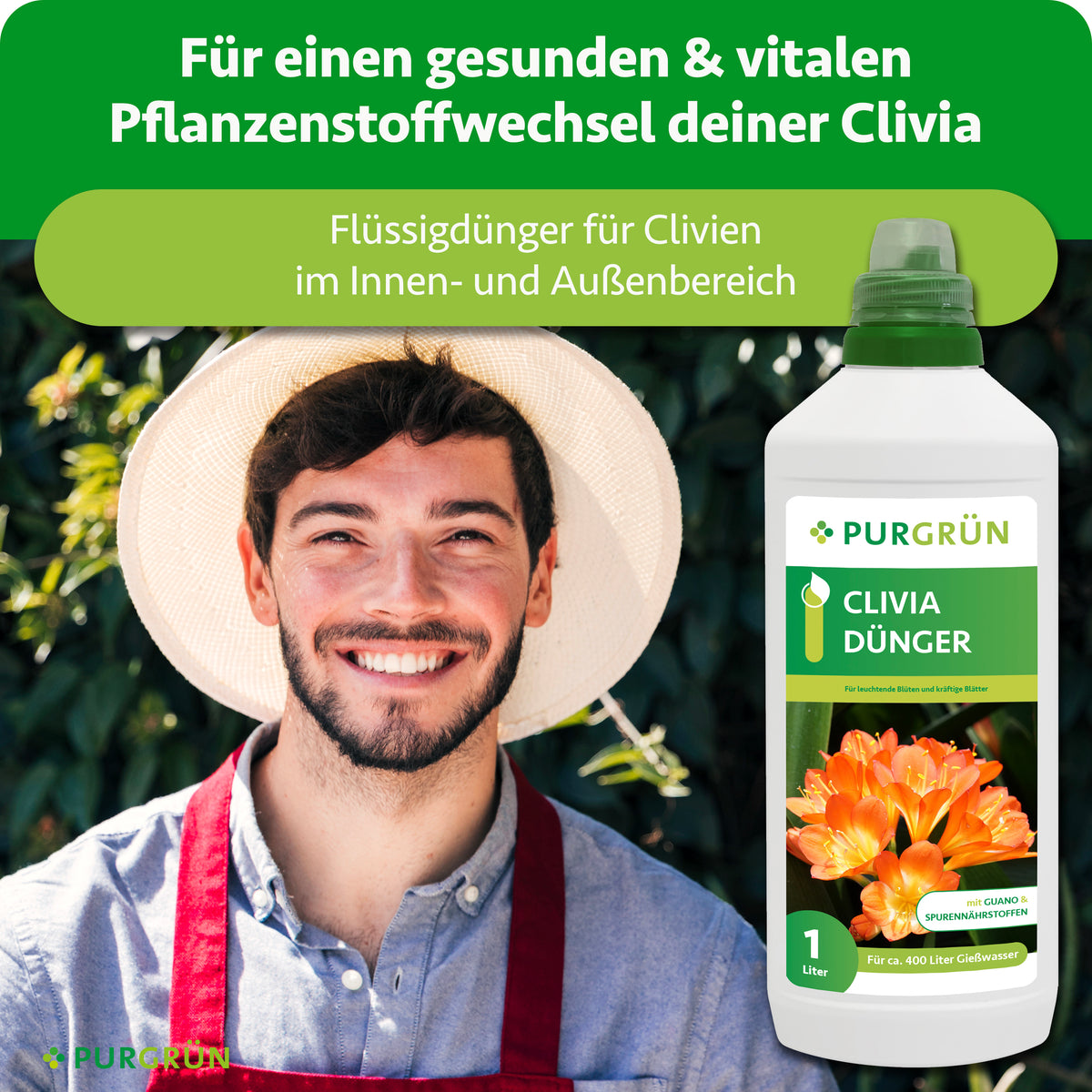 Clivia-Flüssigdünger für den Innen- und Außenbereich, beworben für einen gesunden und vitalen Pflanzenstoffwechsel; daneben ein lächelnder Gärtner.