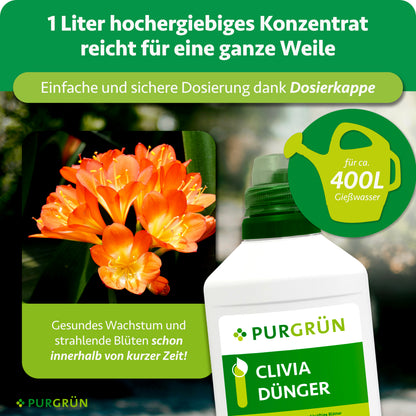 Ein Liter Konzentrat mit Dosierkappe reicht für ca. 400 Liter Gießwasser. Die Grafik verspricht gesundes Wachstum und strahlende Blüten innerhalb kurzer Zeit.