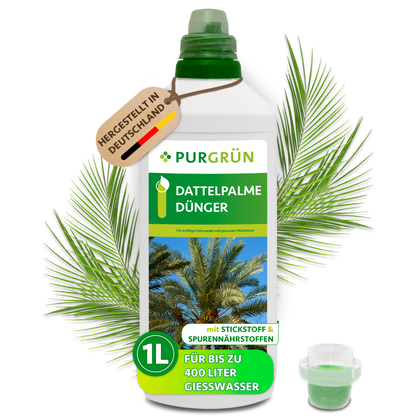 Purgrün Dattelpalme-Dünger in der 1-Liter-Flasche mit Dosierkappe; ausreichend für bis zu 400 Liter Gießwasser.