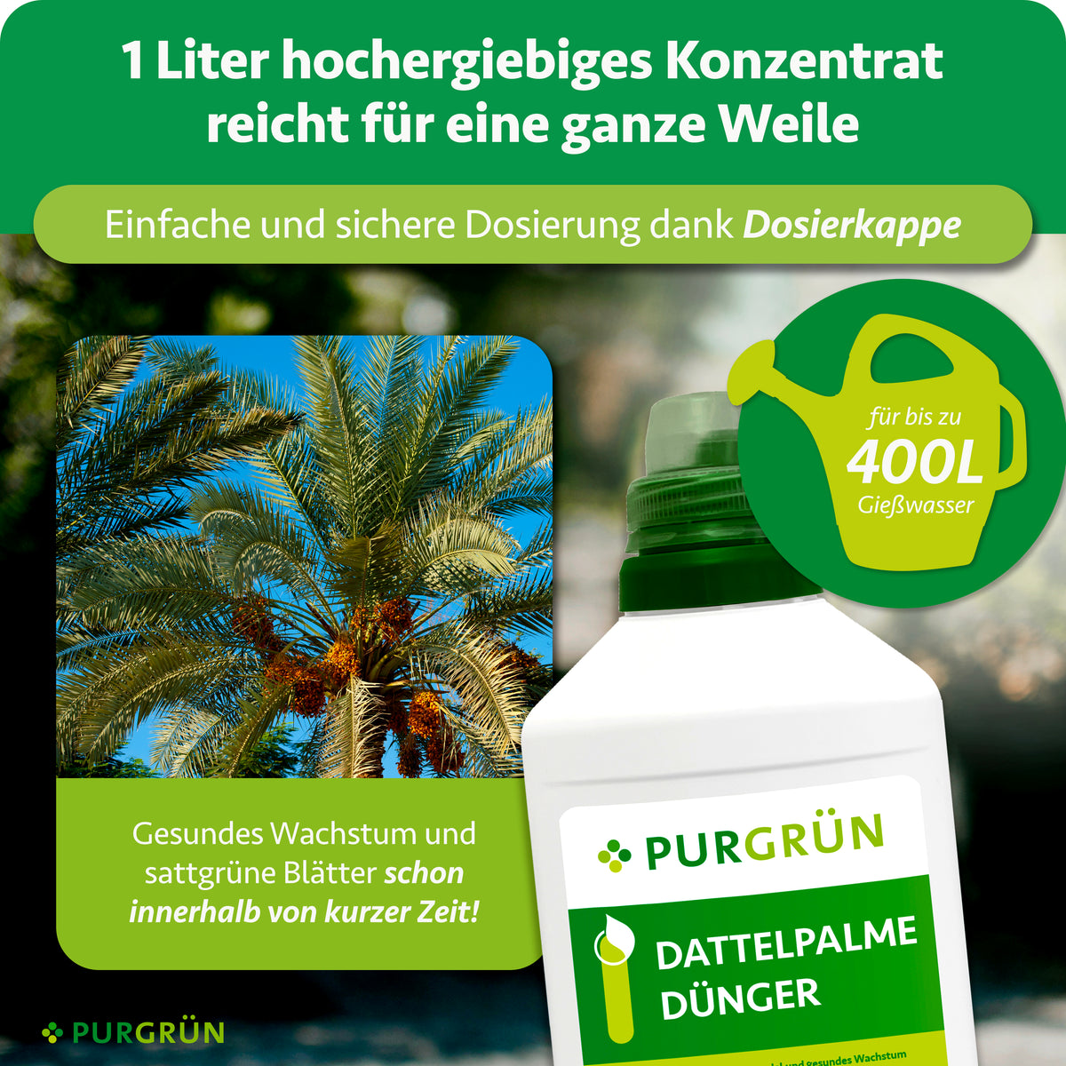 1 Liter hochergiebiges Konzentrat mit Dosierkappe reicht für bis zu 400 Liter Gießwasser.