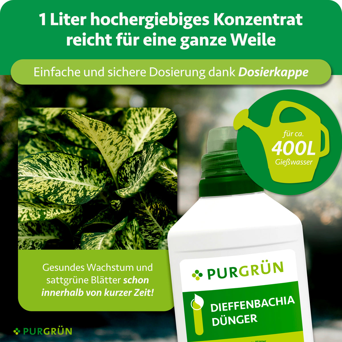 1 Liter hochergiebiges Konzentrat reicht für ca. 400 Liter Gießwasser und lässt sich mit der Dosierkappe abmessen.