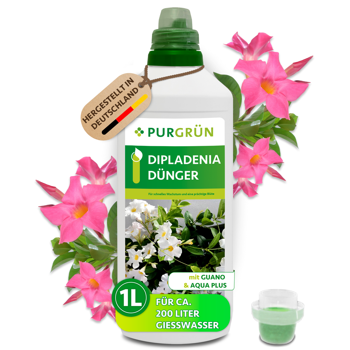 Purgrün Dipladenia-Dünger in der 1-Liter-Flasche mit Dosierkappe, umgeben von pinken Dipladenien; ausreichend für ca. 200 Liter Gießwasser.