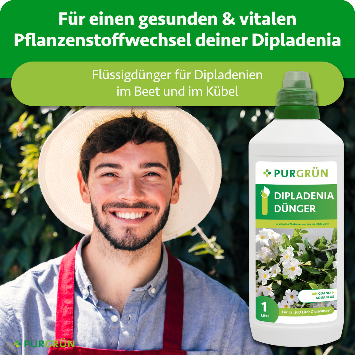 Ein lächelnder Gärtner steht neben der 1-Liter-Flasche; der Flüssigdünger ist für Dipladenien im Beet und Kübel bestimmt.