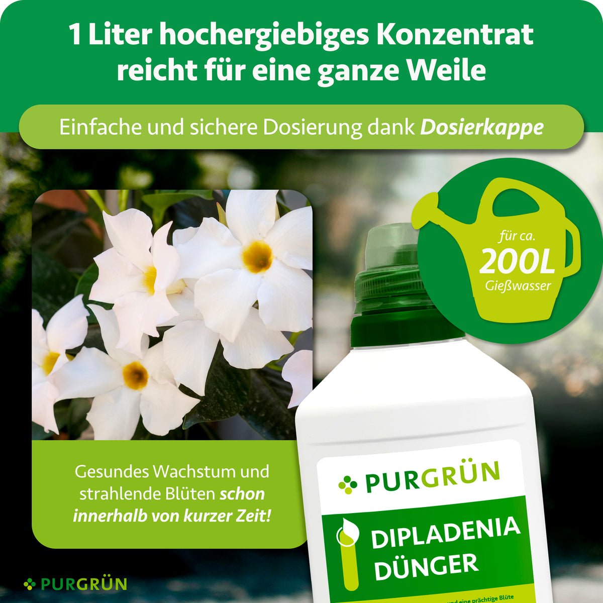 Das 1-Liter-Konzentrat lässt sich mit der Dosierkappe abmessen und reicht für ca. 200 Liter Gießwasser.
