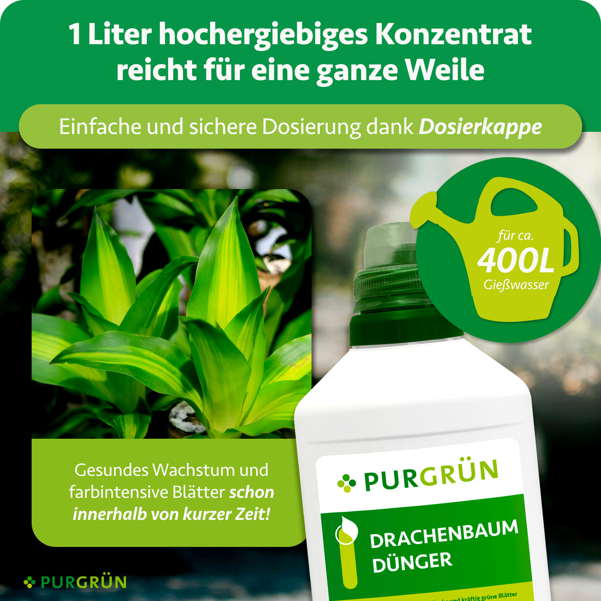 Ein Liter hochergiebiges Konzentrat reicht für ca. 400 Liter Gießwasser; die Dosierkappe ermöglicht eine einfache und sichere Dosierung.