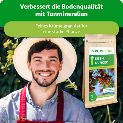 Feines Krümelgranulat mit Tonmineralien verbessert die Bodenqualität; daneben ein Gärtner und der Beutel Purgrün Eibendünger.