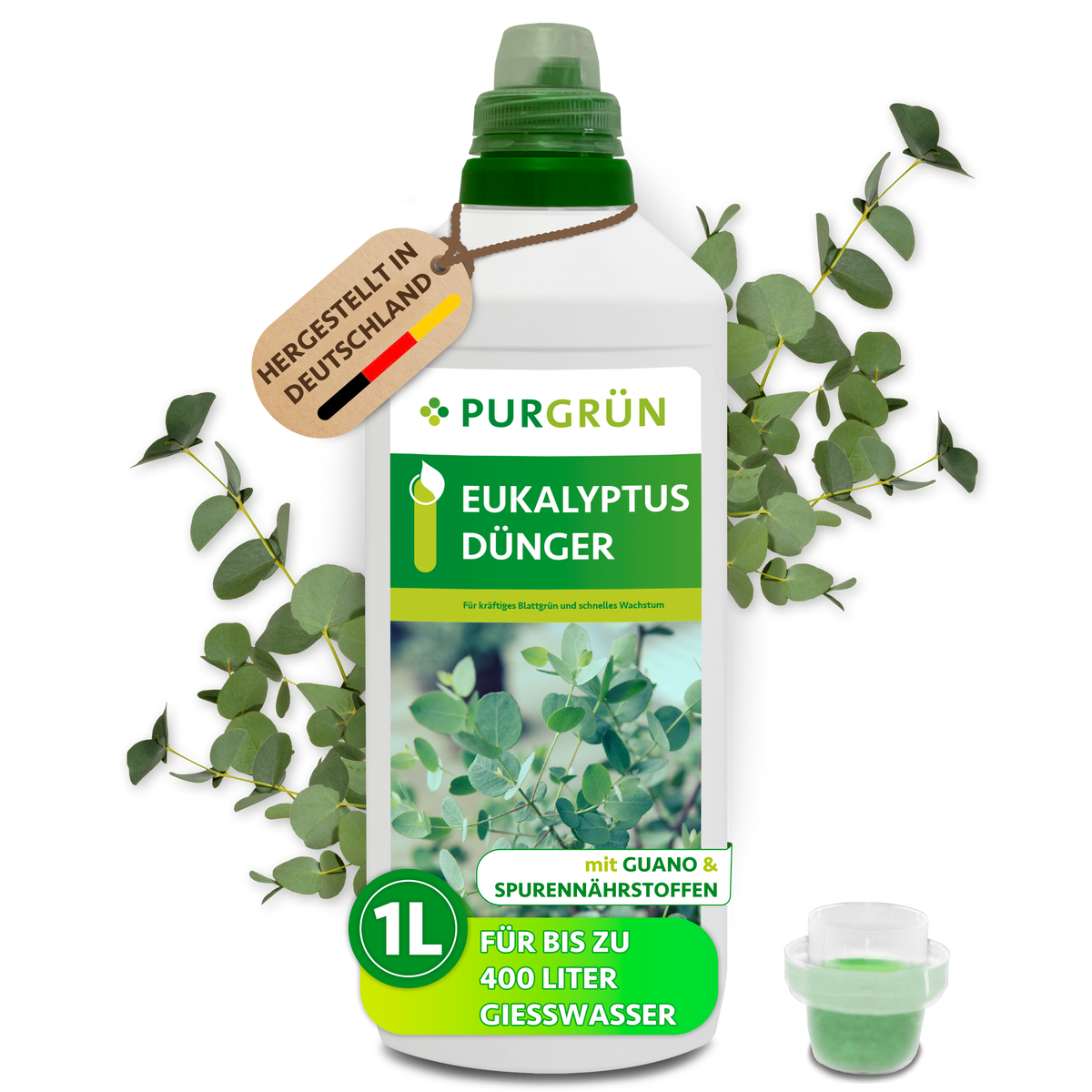 Purgrün Eukalyptus-Dünger in der 1-Liter-Flasche mit Dosierkappe und Eukalyptuszweigen, hergestellt in Deutschland und ausreichend für bis zu 400 Liter Gießwasser.