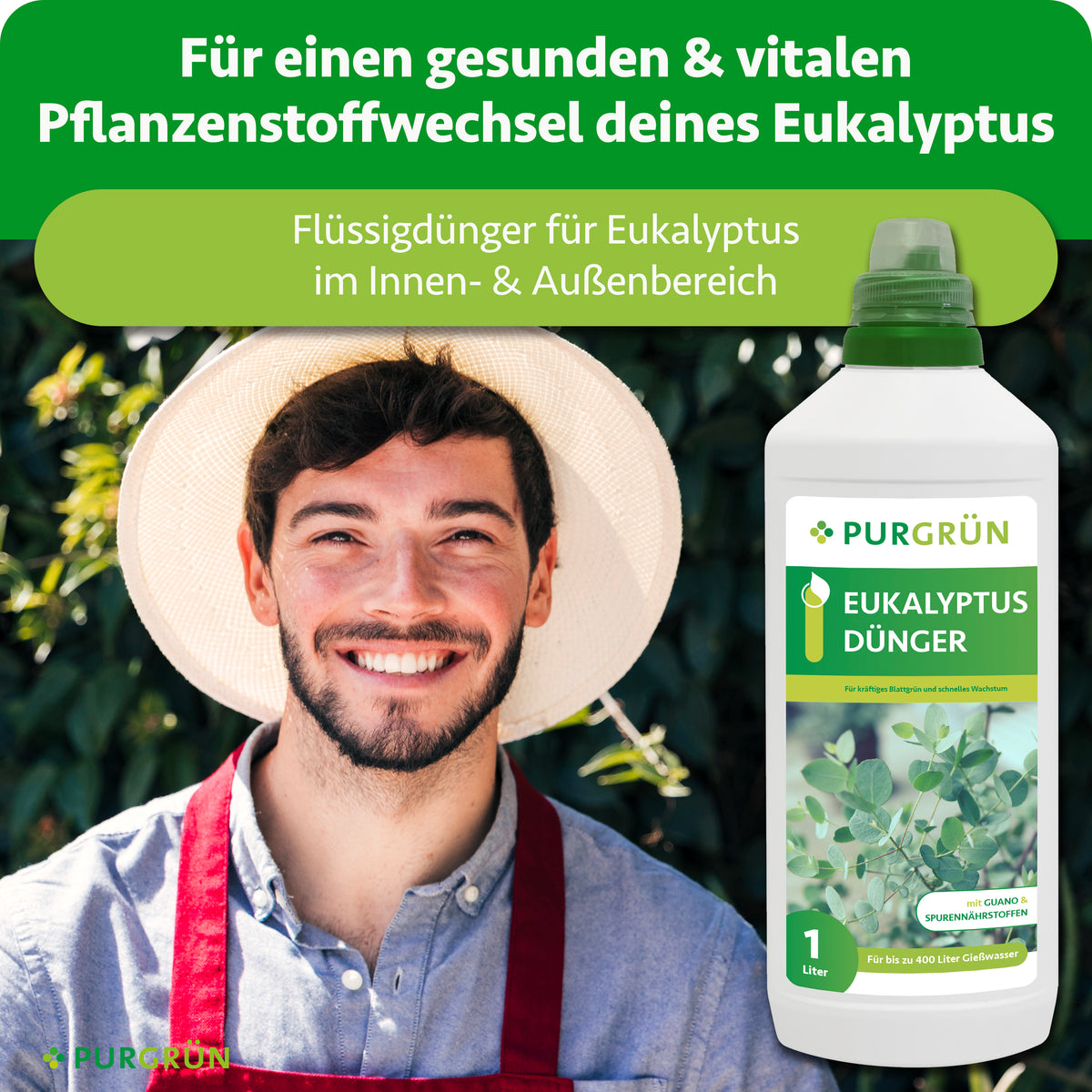 Flüssigdünger für Eukalyptus im Innen- und Außenbereich, beworben für einen gesunden und vitalen Pflanzenstoffwechsel.
