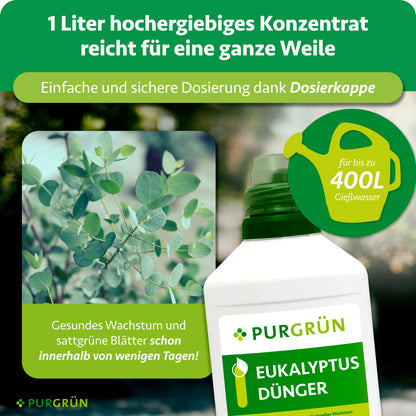 Ein Liter Konzentrat reicht für bis zu 400 Liter Gießwasser und lässt sich mit der Dosierkappe einfach dosieren; sattgrüne Blätter werden innerhalb weniger Tage beworben.