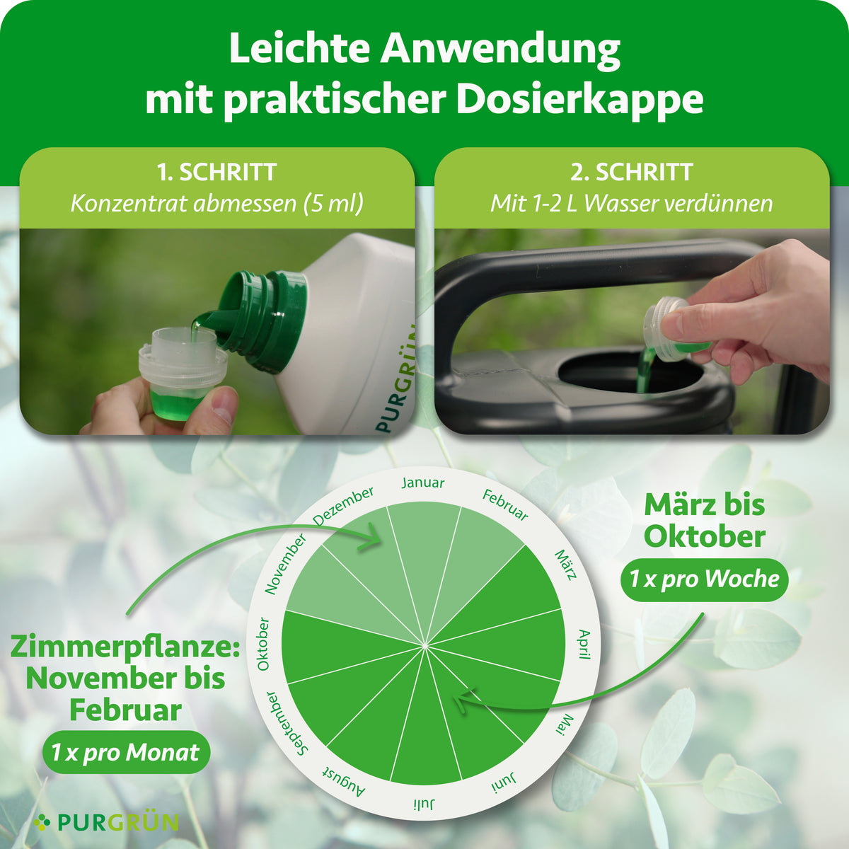 Anwendung: 5 ml Konzentrat abmessen und mit 1–2 Litern Wasser verdünnen. Von März bis Oktober einmal wöchentlich, bei Zimmerpflanzen von November bis Februar einmal monatlich anwenden.