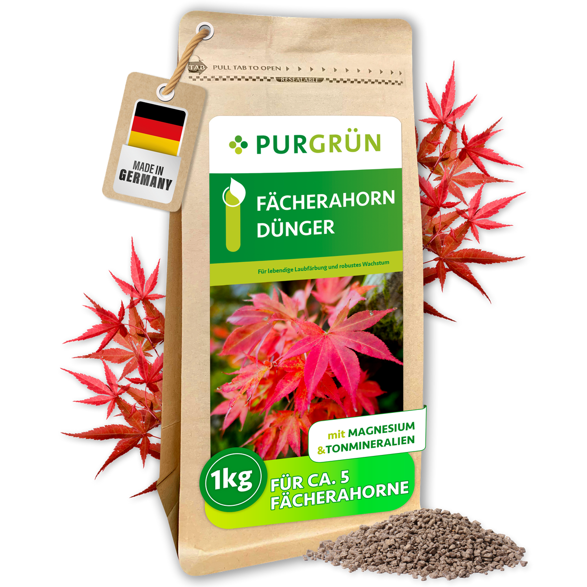Purgrün Fächerahorn-Dünger im 1-kg-Standbeutel mit roten Ahornblättern und feinem Granulat.