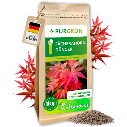 Purgrün Fächerahorn-Dünger im 1-kg-Standbeutel mit roten Ahornblättern und feinem Granulat.
