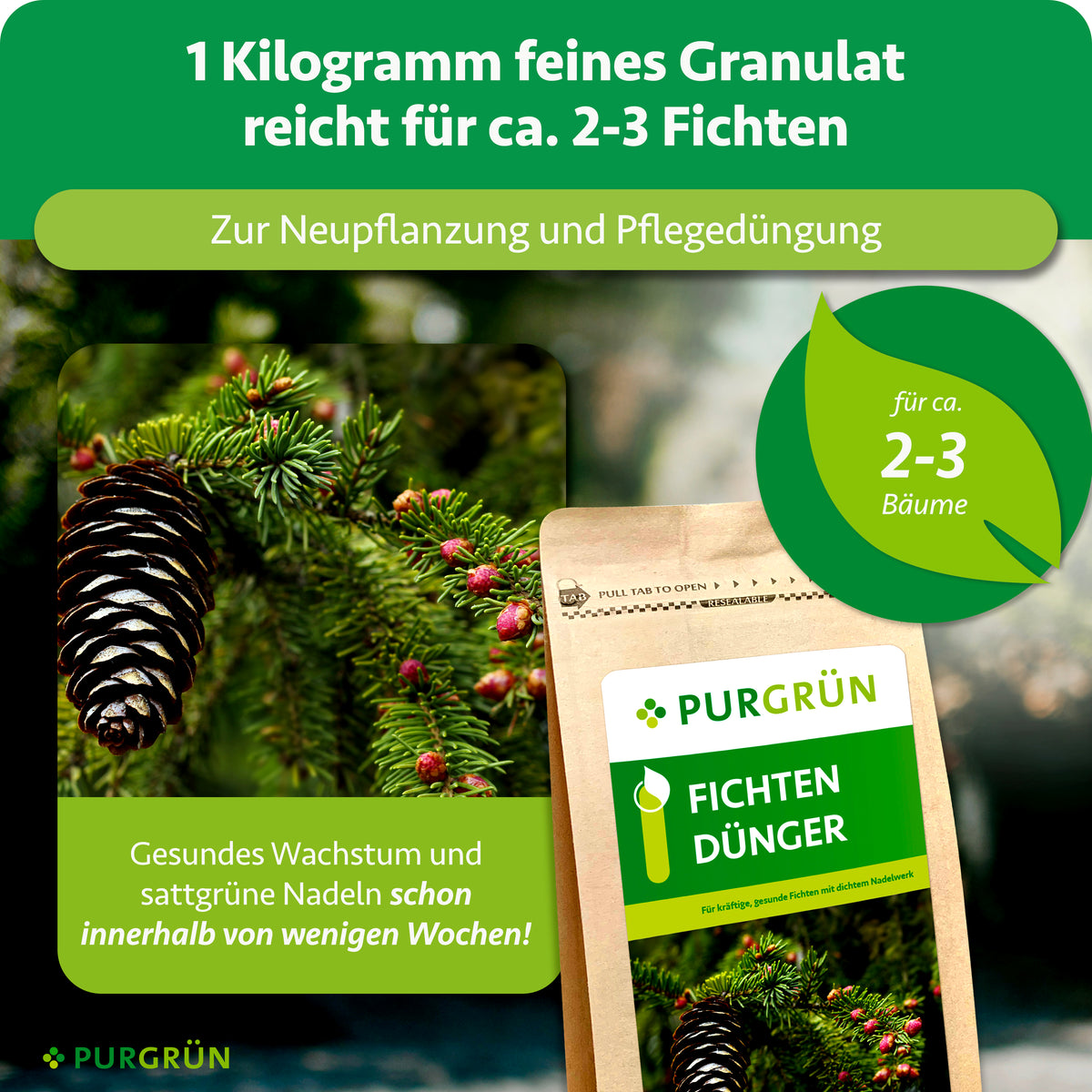 1 kg feines Granulat reicht zur Neupflanzung und Pflegedüngung von ca. 2-3 Fichten; sattgrüne Nadeln werden innerhalb weniger Wochen versprochen.
