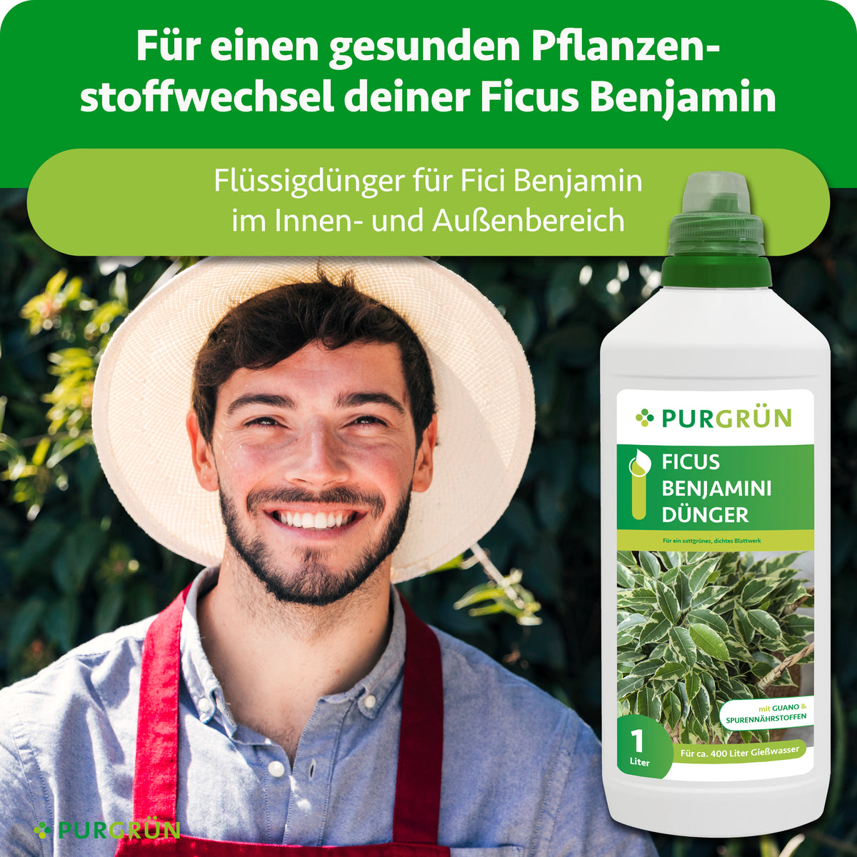 Ficus-Benjamini-Dünger für einen gesunden Pflanzenstoffwechsel im Innen- und Außenbereich, gezeigt neben einem lächelnden Gärtner.