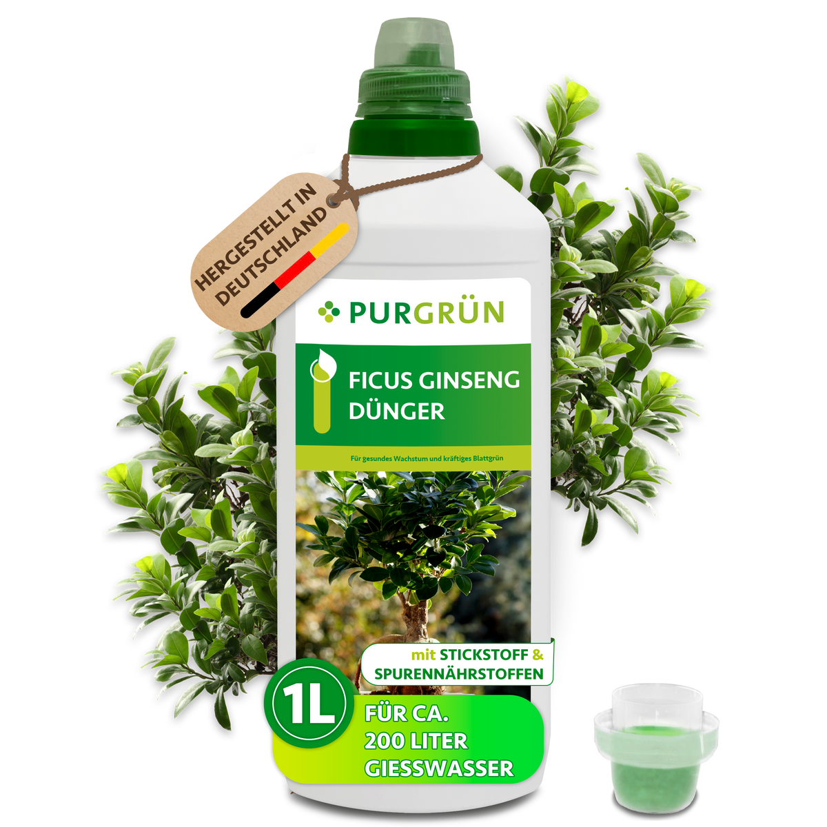 Purgrün Ficus-Ginseng-Dünger in der 1-Liter-Flasche mit Dosierkappe; reicht für ca. 200 Liter Gießwasser.